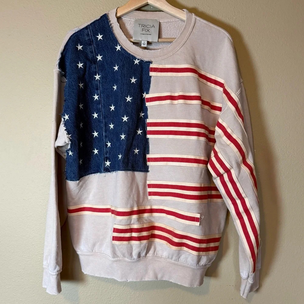 Free People x Tricia Fix Stars & Stripes Patchwork Crewneck Sweater Size Small - Picture 2 of 6